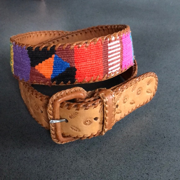 Vintage Accessories - Vintage leather embossed embroidered colourful belt